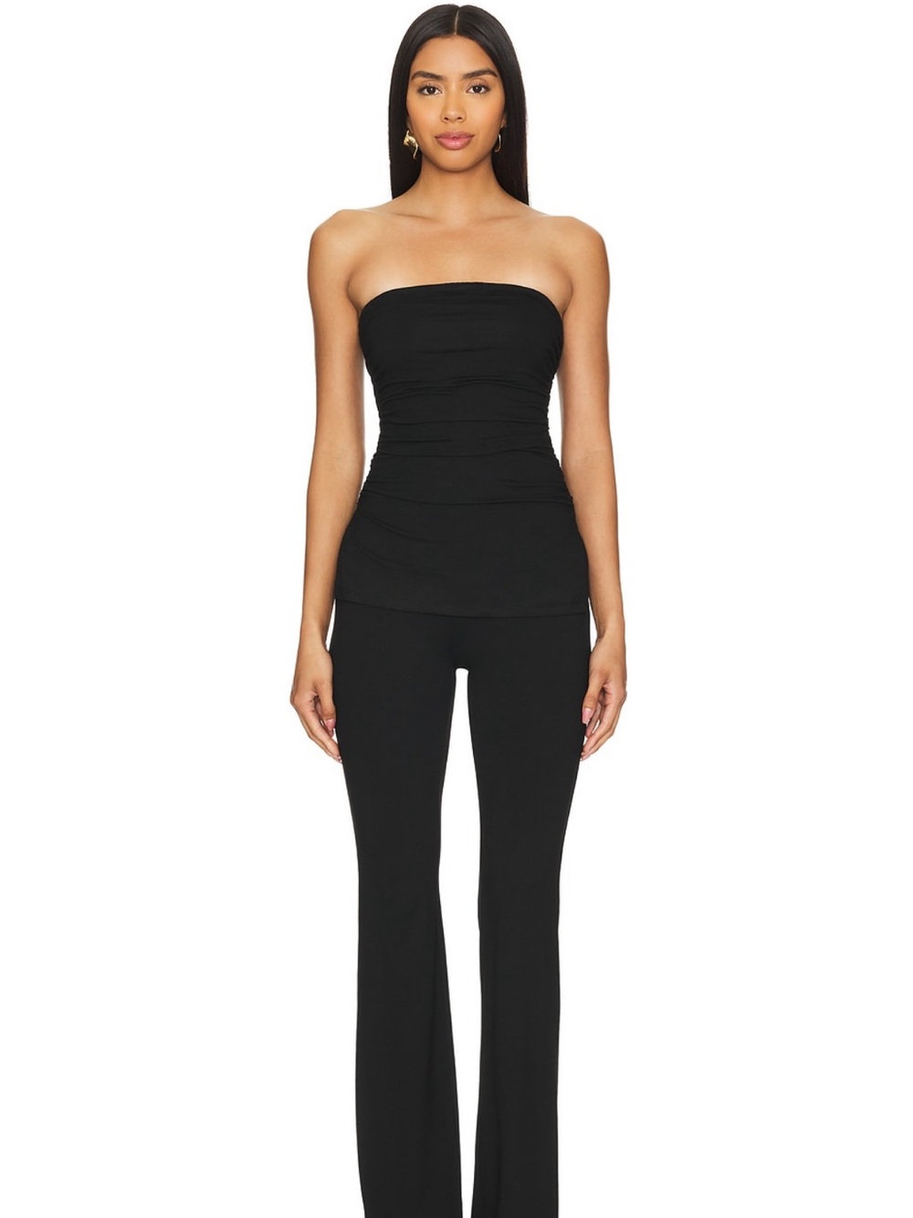 superdown Black Strapless Ruched Flare-Leg pants set